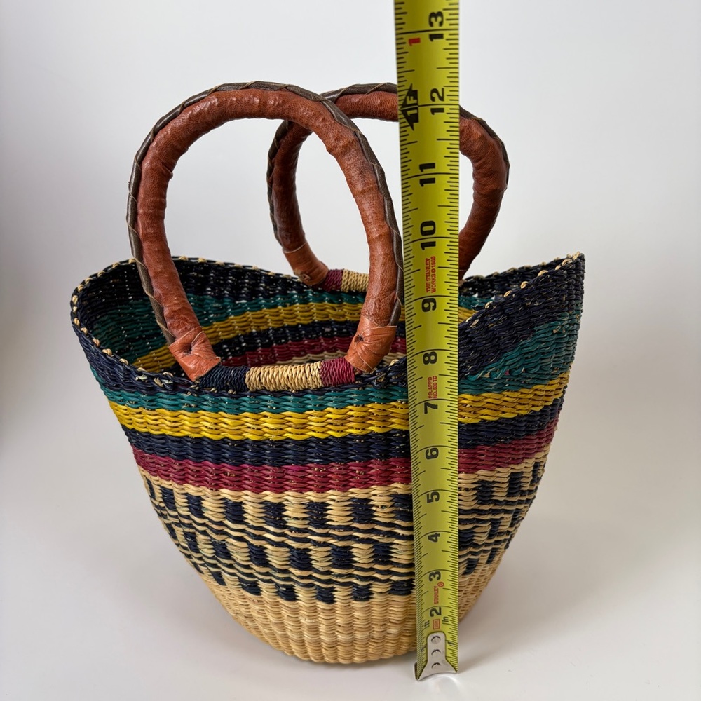 Handwoven Artisan Bolga Bag Small Leather Handle Shopper Tote Green Black Yellow - Picture 2 of 6
